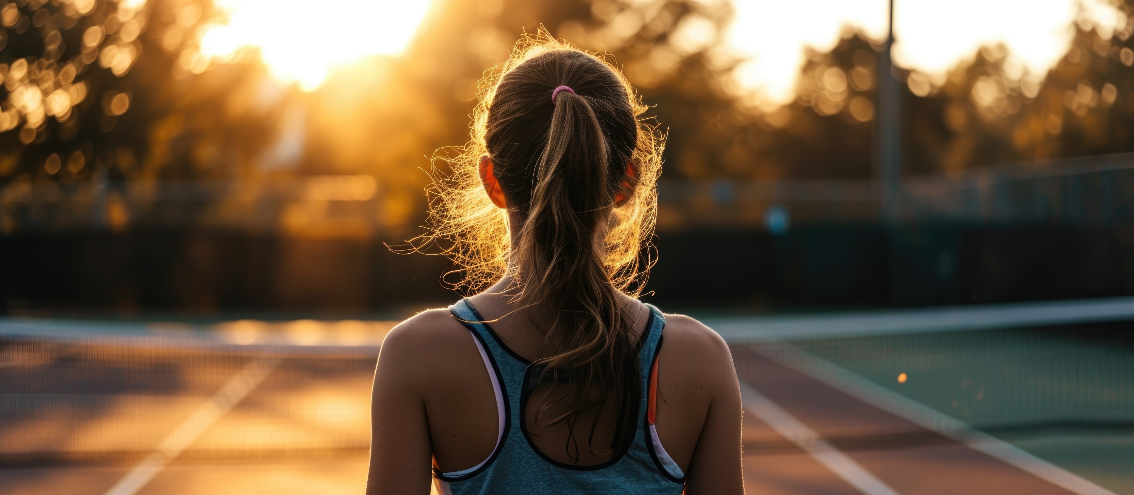 Tennis player at sunset on court