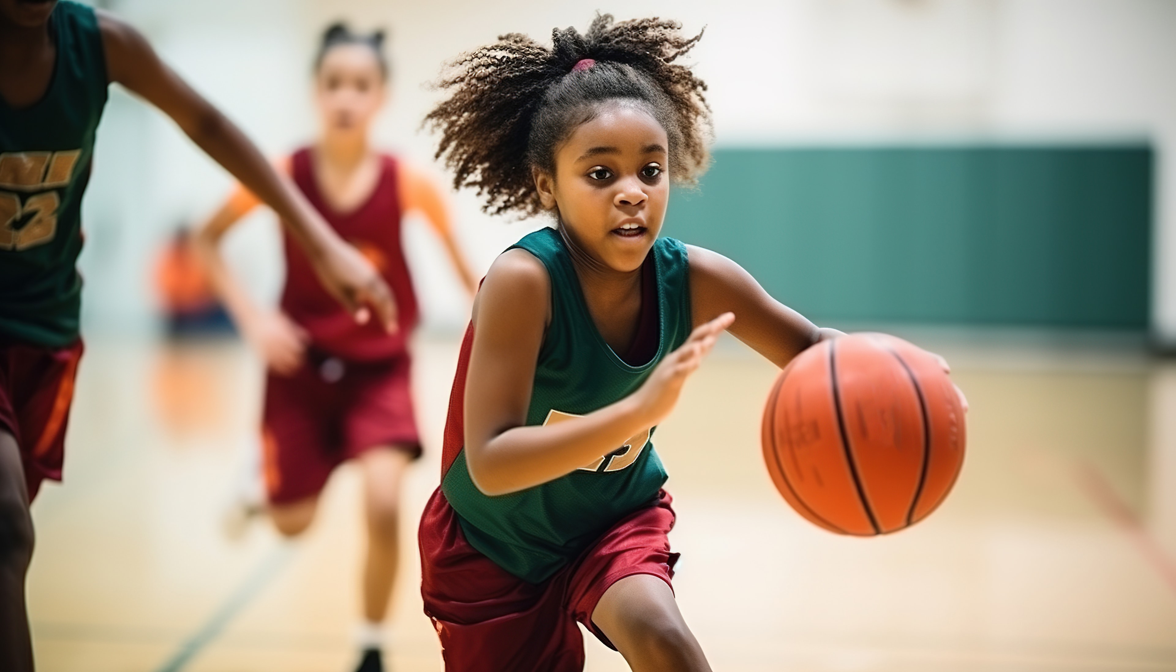 Young girl dribbling basketball in game